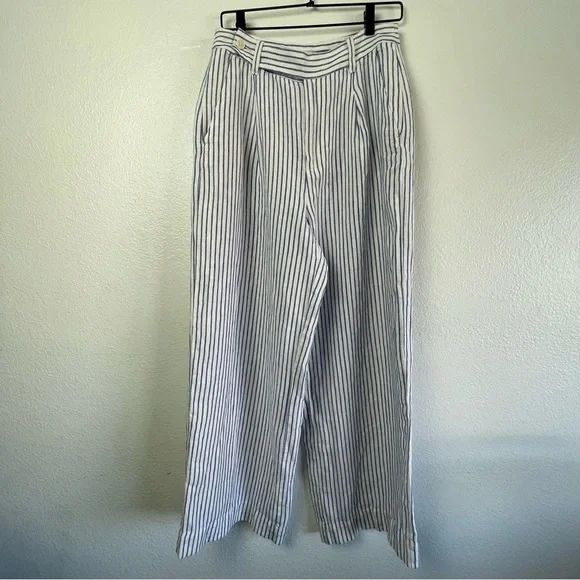 Madewell The Harlow Wide-Leg Pant in 100% Linen White/Blue Stripes Size 8 NWT